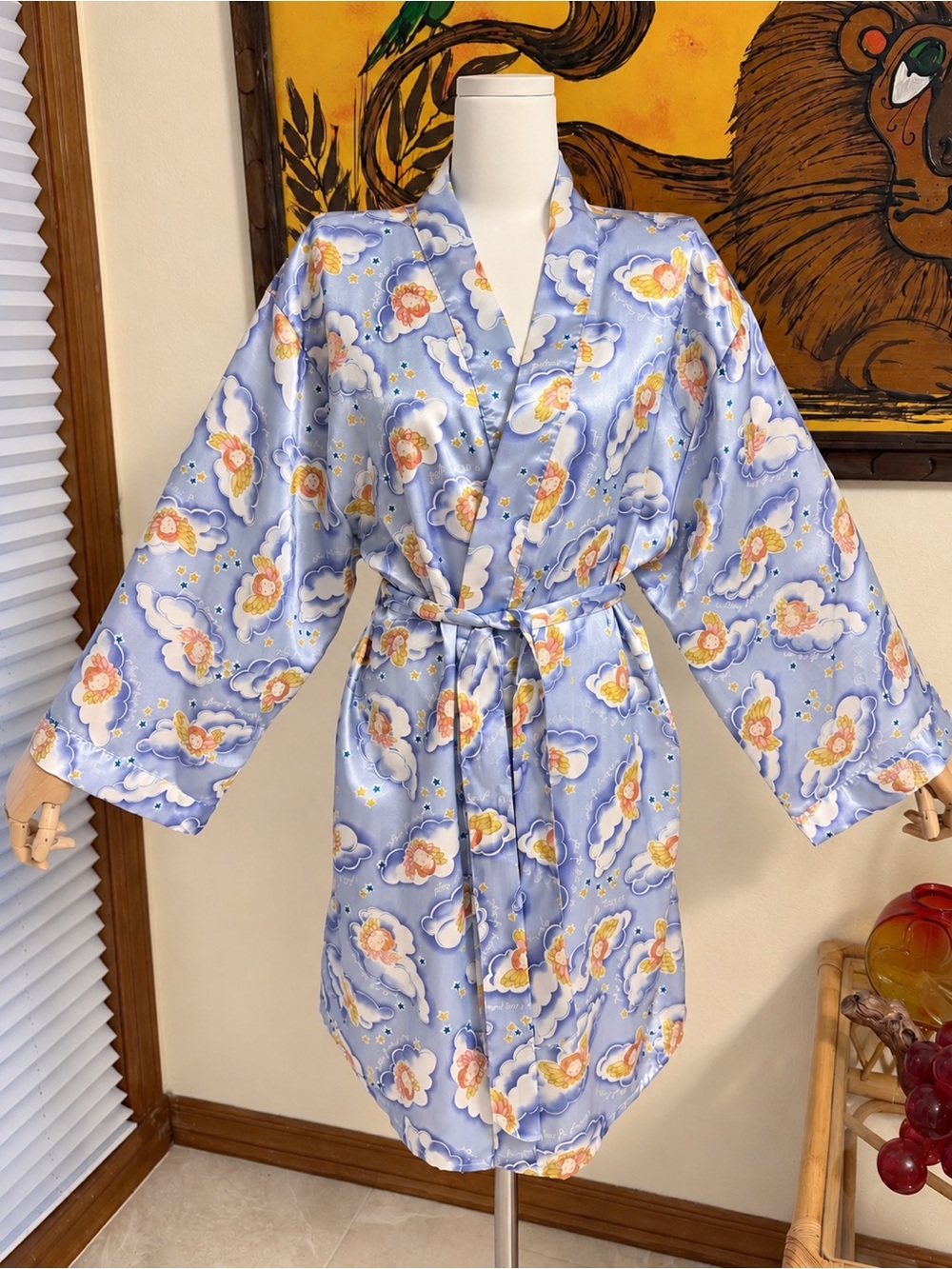 Vintage Y2K Celestial Cherub Angel Clouds Print Satin Robe Whimsigoth XL